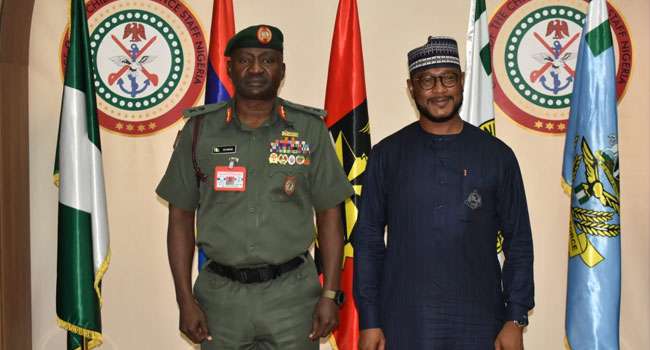 The Chief of Defence Staff, Major General Christopher Musa (L) receives Zamfara State Governor, Dauda Lawal at the Defence Headquarters in Abuja on July 12, 2023