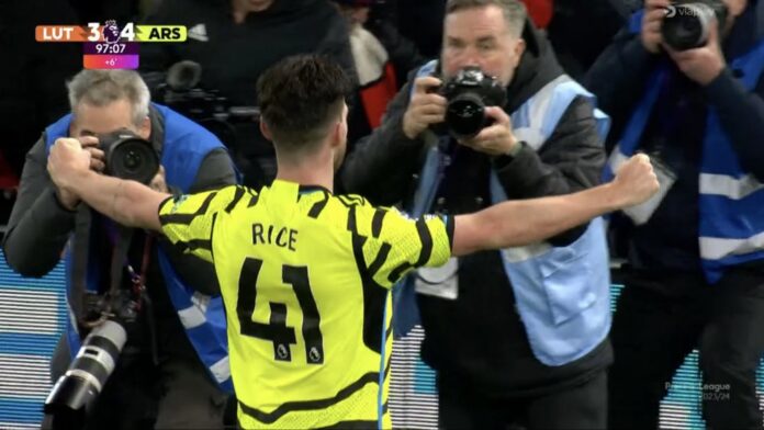 Declan Rice secures stoppage time winner for Premier League leaders, Arsenal in seven-goal thriller against Luton Town Declan Rice secures stoppage time winner for Premier League leaders, Arsenal in seven-goal thriller against Luton Town