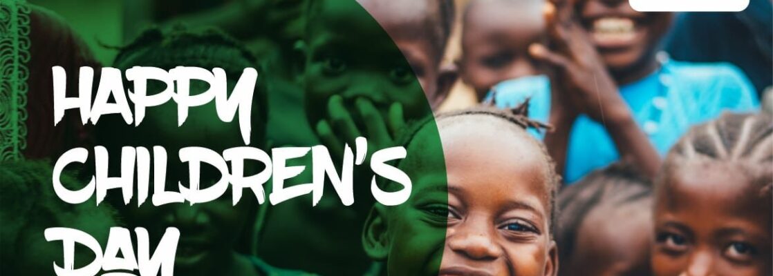 Nigerian children happy as they get a camera shot. An inscription of Happy CHildren's Day is on the picture with a 'This Day' logo.