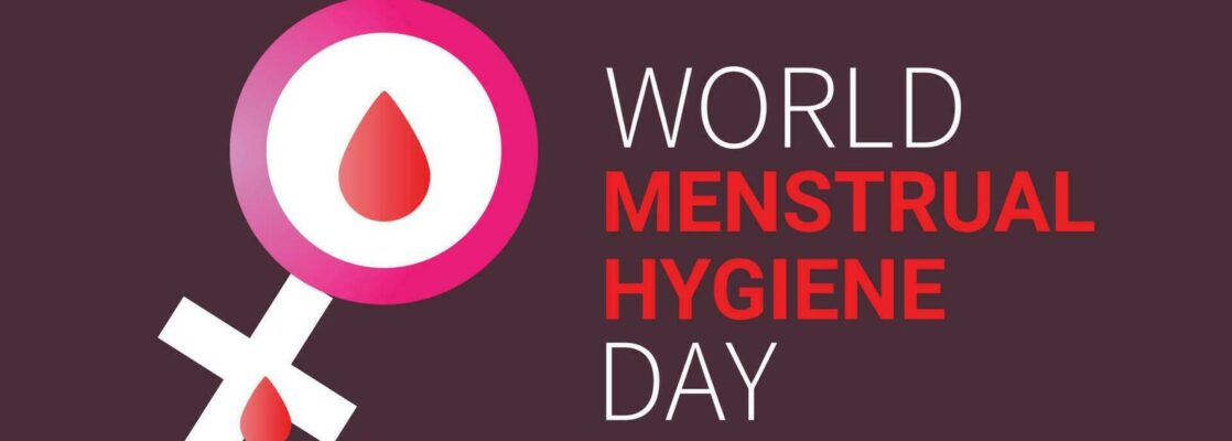 The gender equality sign has a drop of blood in it with the caption of 'World Menstrual Hygiene Day' beside it.