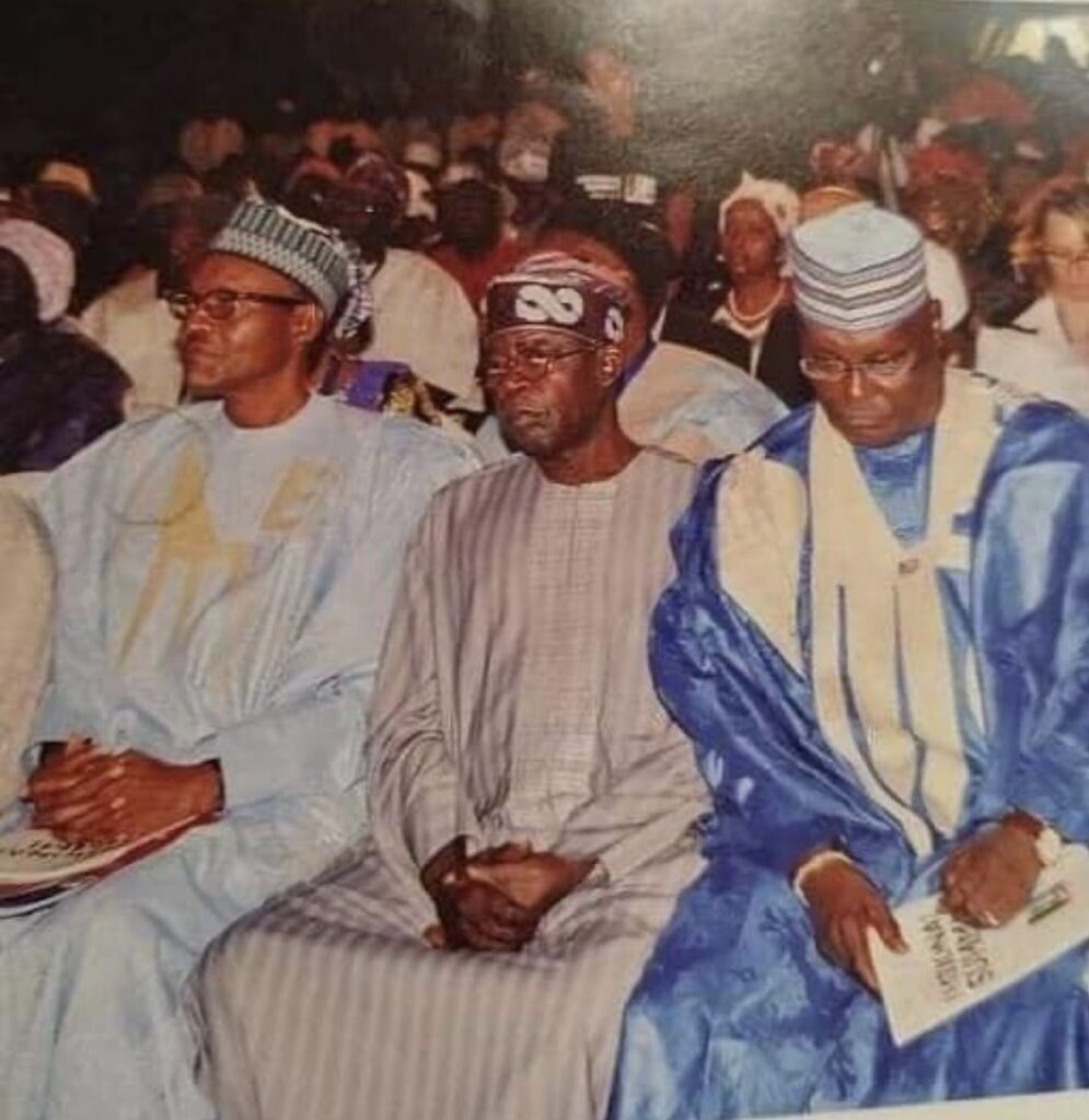 Left to Right: Former President, Muhammadu Buhari, the current president, Bola Ahmed Tinubu and the former VP of Nigeria, Atiku Abubakar (Photo Credit: Gold Myne TV)