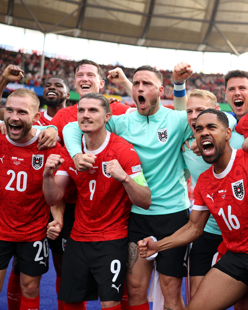 Austrian players celebrate 3-1 win against Ukraine (Photo Credit: UEFA EURO) 