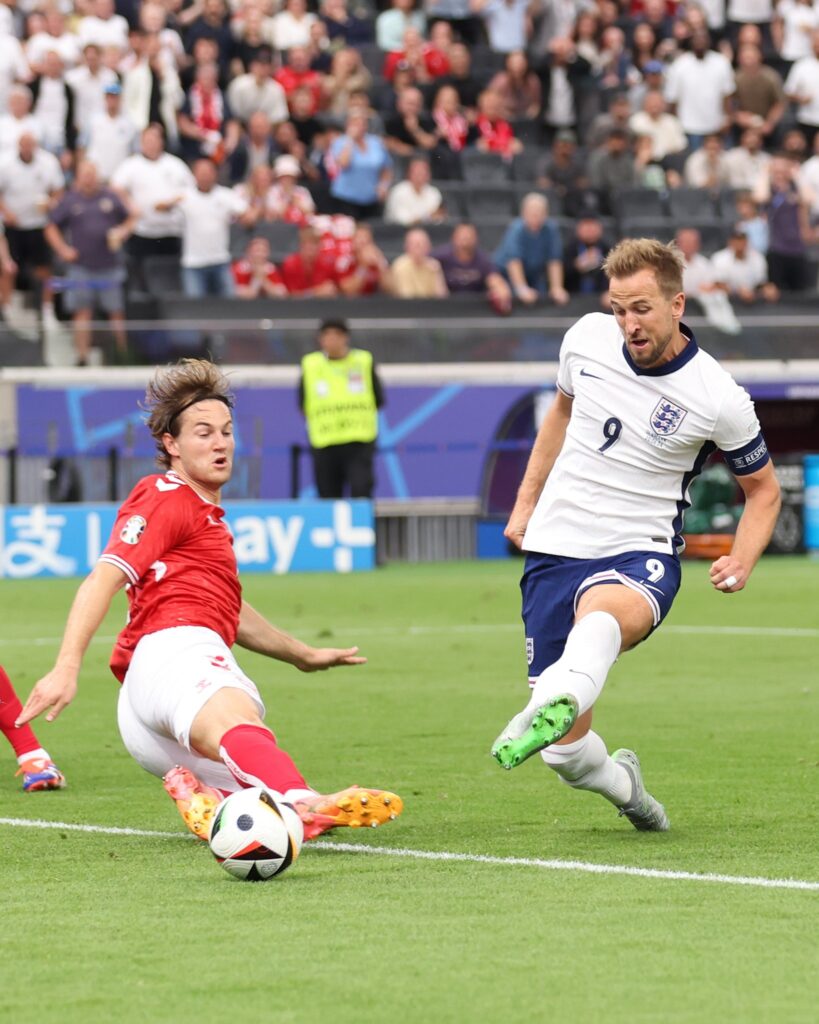 England's Harry Kane scores against Denmark (Photo Credit: UEFA EURO)