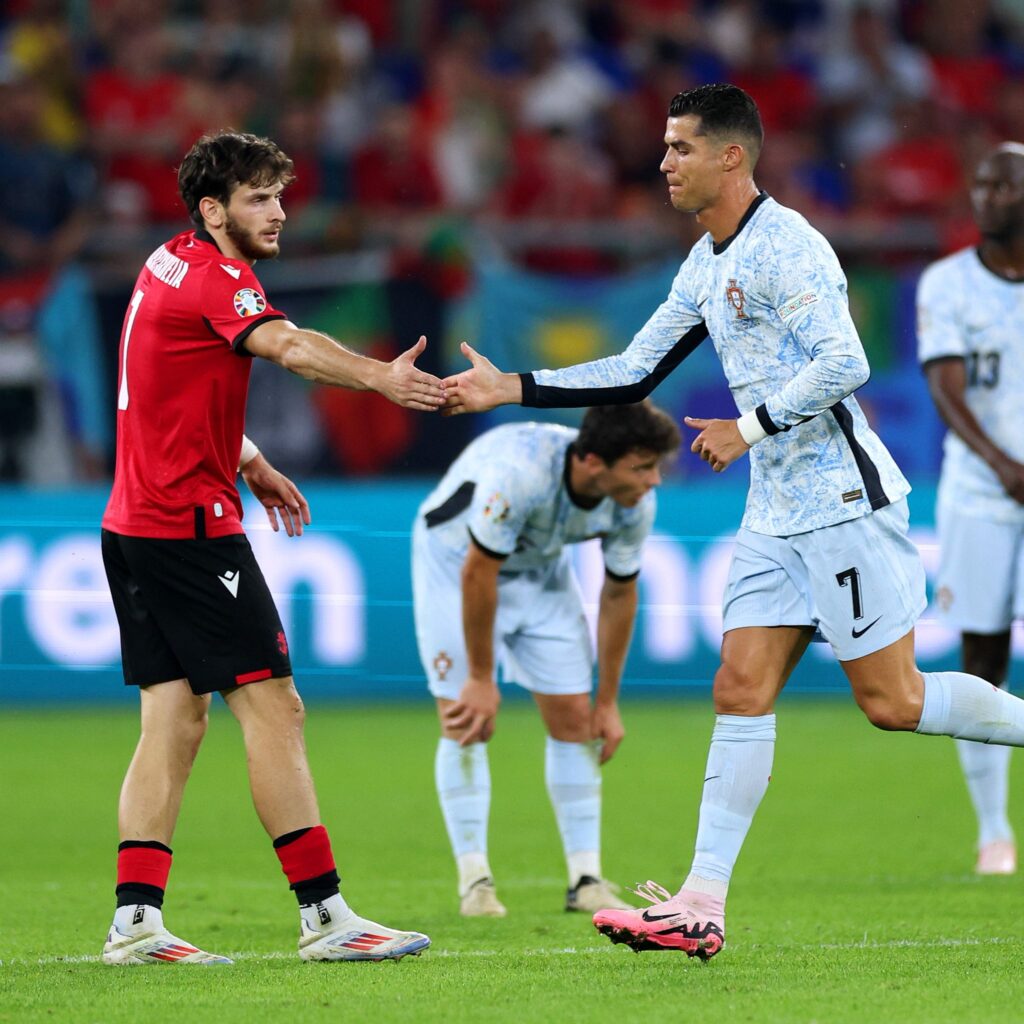 Kvaraschilia of Georgia and Portuguese football icon, Cristiano Ronaldo (Photo Credit: UEFA EURO 2024)