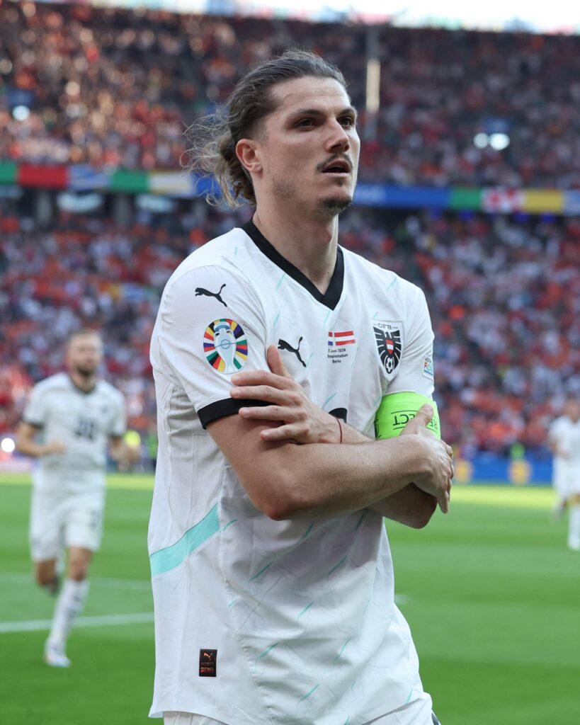 Marcel Sabitzer celebrates goal for Austria against Netherlands (Photo Credit: UEFA EURO/X)