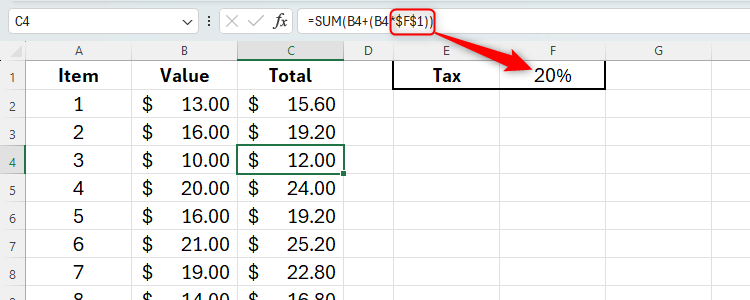 An Excel worksheet with a formula in the formula bar containing an absolute reference to cell F1.