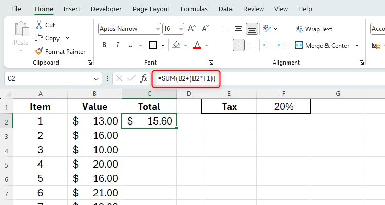 An Excel sheet with a formula in C2 which references cells B2 and F1, as seen in the formula bar at the top.