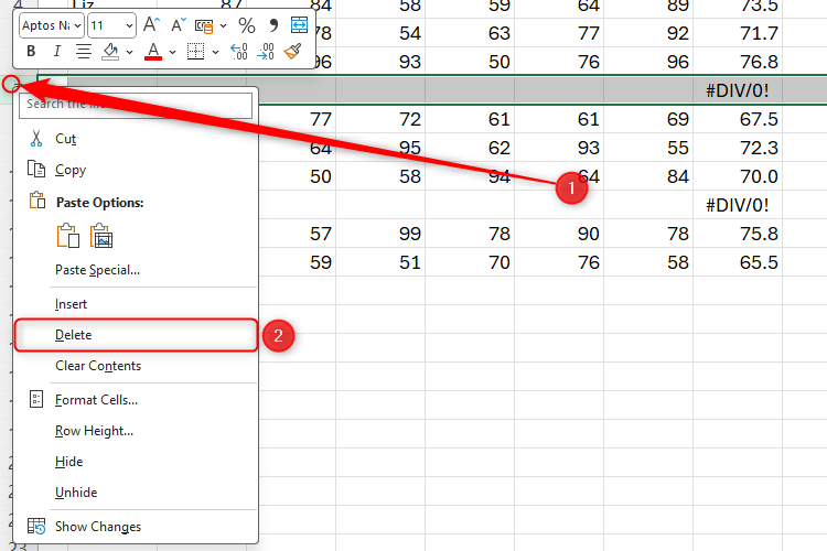 A circle shows where to right-click to bring up a row's options in Excel, and the 'Delete' option is selected.