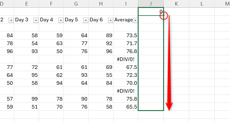 An Excel spreadsheet with the AutoFill handle highlighted and an arrow indicating the downwards direction of the AutoFill.