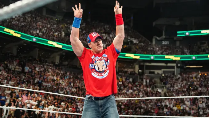 John Cena makes his way to the ring during "Money in the Bank" at Scotiabank Arena on July 6. 
(Photo by WWE/Getty Images) WWE/Getty Images