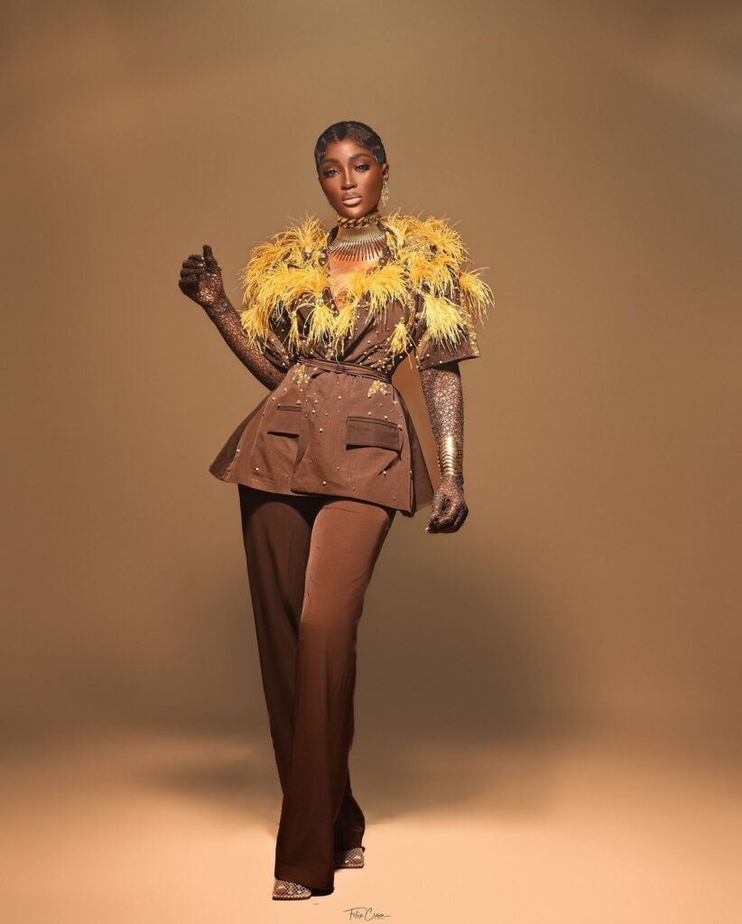 Tolu Bally's melanin goddess themed brown suit. 
Photo Credit: Tolu Bally|Instagram 