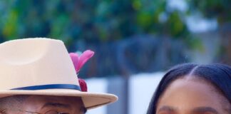 Kunle and Tiwi in their simple outfits to Sharon Ooja’s wedding