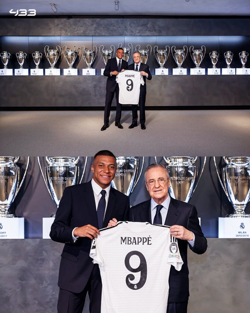 Mbappe alongside Real Madrid president, Florentina Perez (Photo Credit: 433)