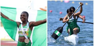 Nigerian women who made us proud at the Paris Olympics 2024 A photo grid of Tobi Amusan, Rena Wakama, Powei Bello and Beauty Akinaere and Ese BRUME