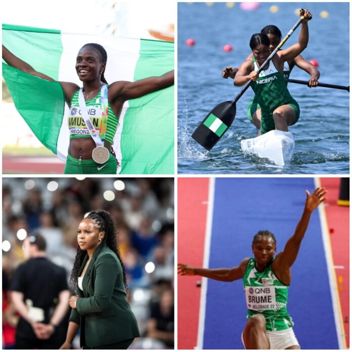 Nigerian women who made us proud at the Paris Olympics 2024 A photo grid of Tobi Amusan, Rena Wakama, Powei Bello and Beauty Akinaere and Ese BRUME