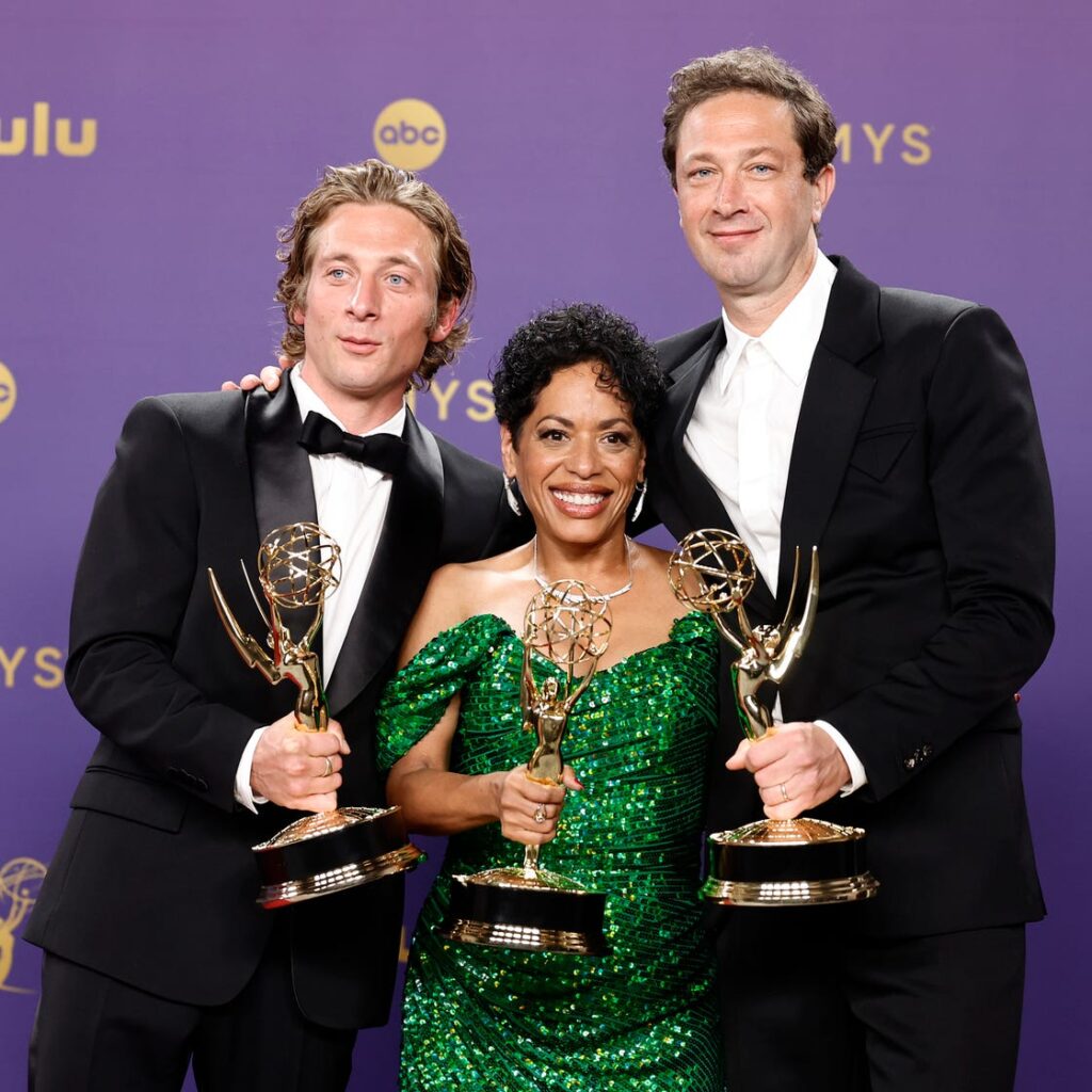 Jeremy Allen White (left), Liza Colón-Zayas and Ebon Moss-Bachrach of The Bear at the 76th Emmy Awards in Los Angeles.Frazer Harrison//Getty Images