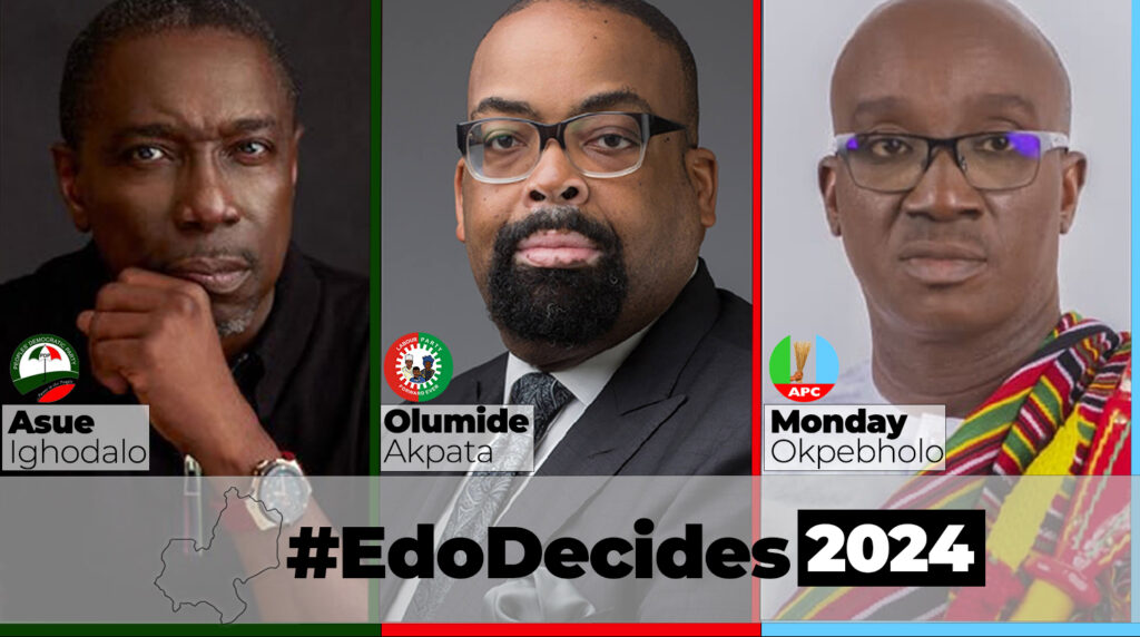 #EdoDecides2024: L-R: Edo state governorship candidates; Asue Ighodalo of the PDP, Olumide Akpata of LP and Monday Okpebholo of the APC. 
