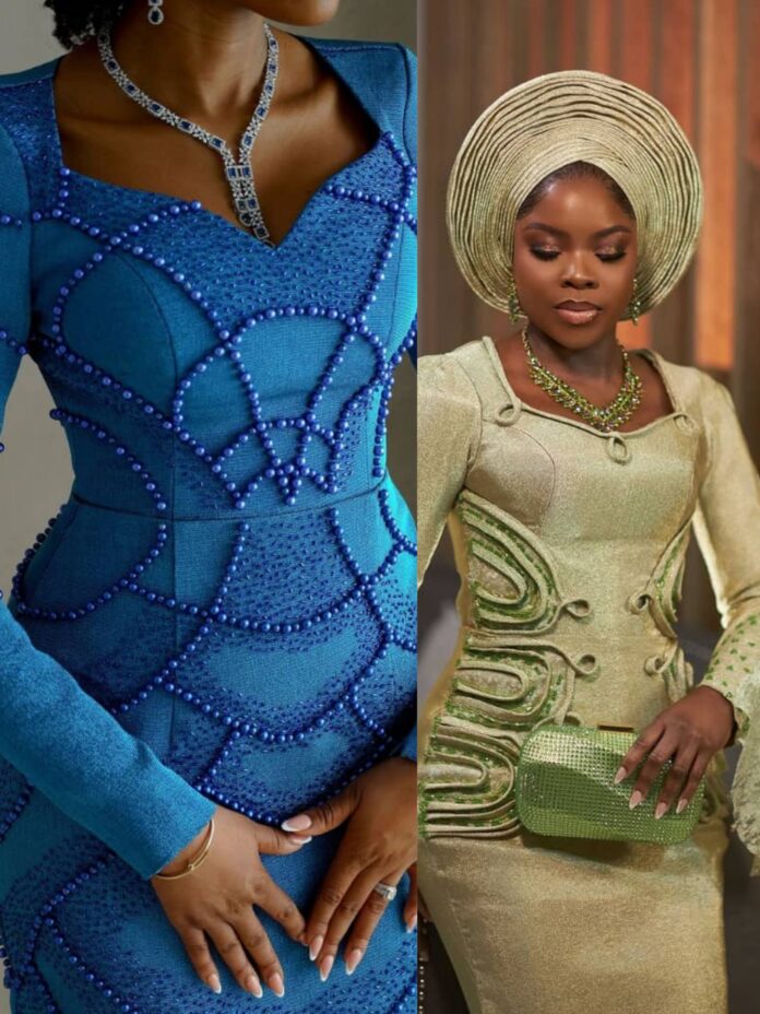 Modest monochromatic bridal aso-oke dresses for brides Modest monochromatic bridal aso-oke dresses for brides