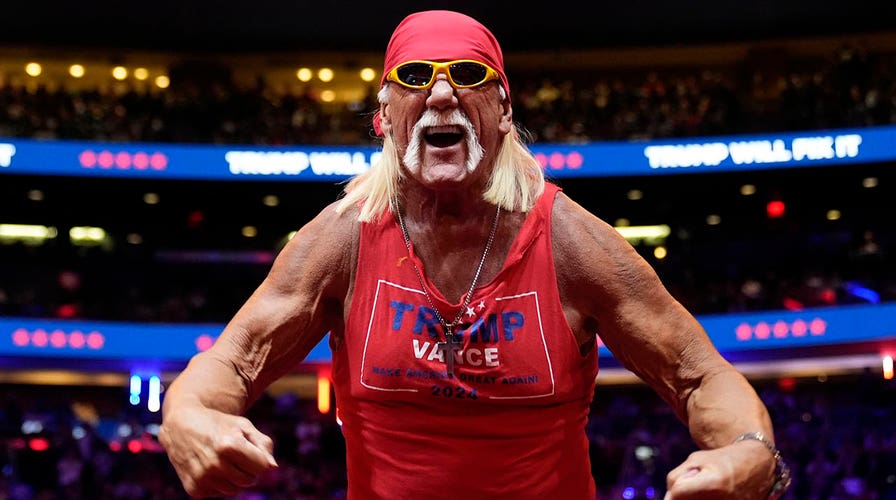 Hulk Hogan flexes onstage before Republican presidential nominee former President Trump speaks at a campaign rally at Madison Square Garden, Sunday, Oct. 27, 2024, in New York City. (AP Photo/Alex Brandon