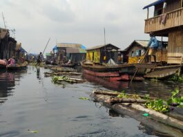 Makoko, a densely populated waterfront slum, with its stilted homes and lack of basic infrastructure