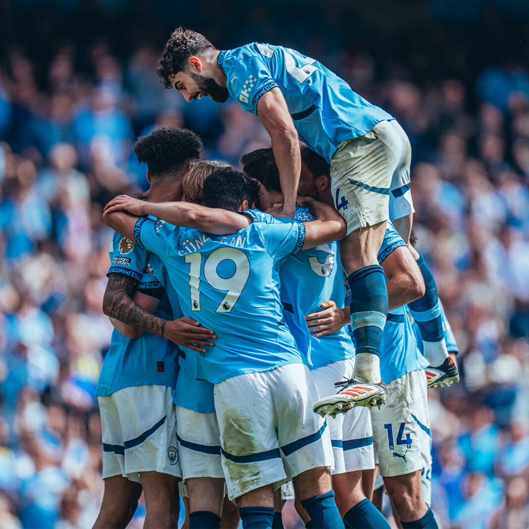 Manchester City players celebrate their 5-2 victory over Crystal Palace on Saturday, 12th April, 2025.