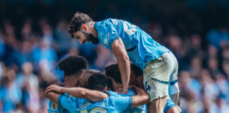 City come from two goals down to score five against Palace Manchester City players celebrate their 5-2 victory over Crystal Palace on Saturday, 12th April, 2025.