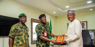 Okpebholo vows to maximise army recruitment quota Governor Monday Okpebholo's Chief of Staff, Gani Audu, Brigadier General Wiito Nzidee, Director of Supply and Transport Services at Army Headquarters, and other (PHOTO CREDIT: Fred Itua)