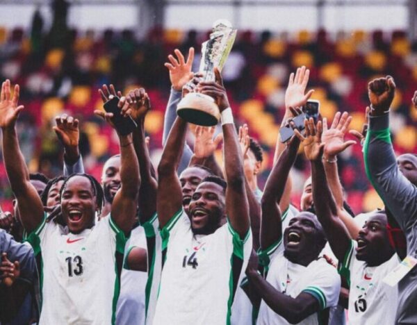 Super Eagles lift the 2025 Unity Cup trophy after beating Jamaica 5-4 on penalties in the final.