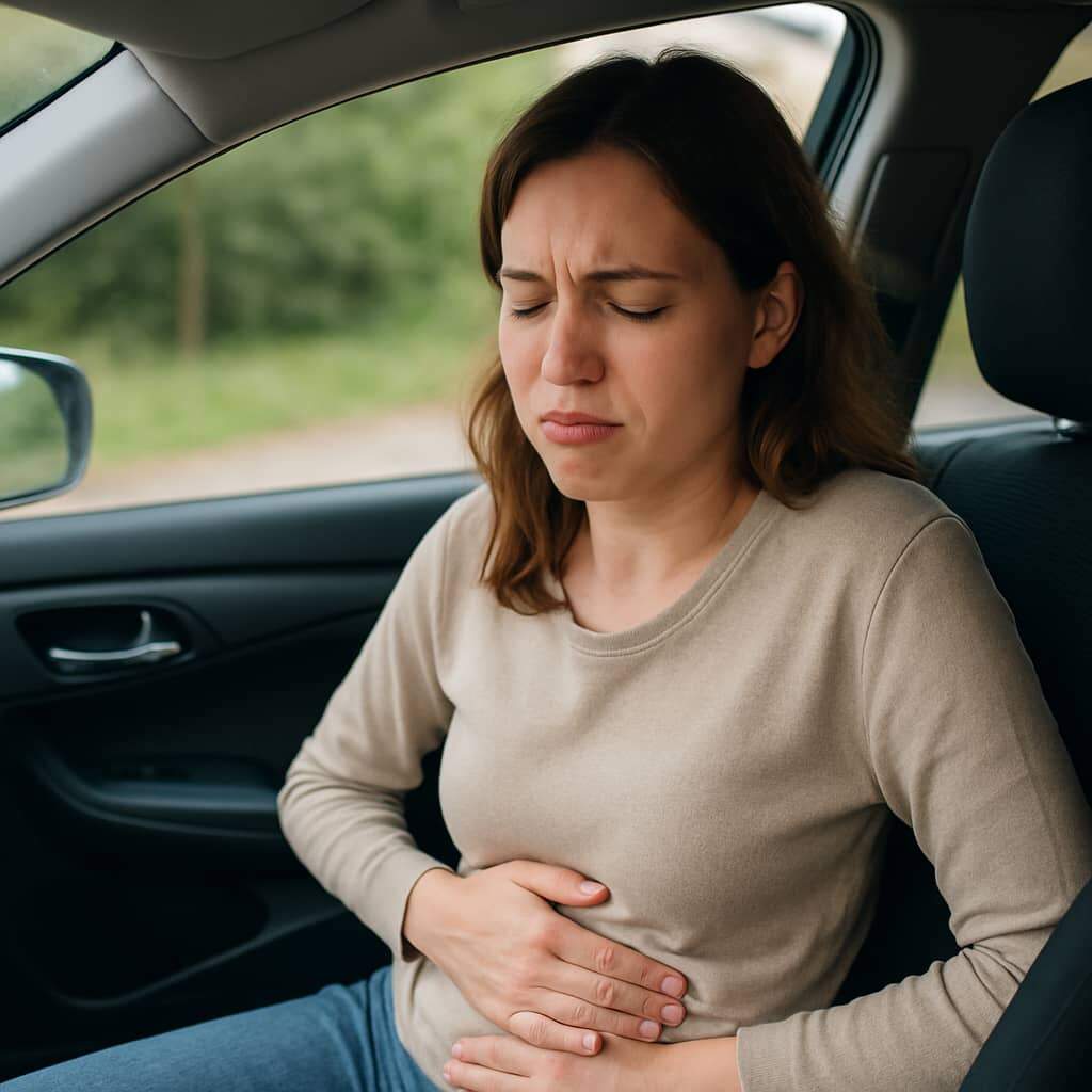 A woman experiencing motion sickness A woman in severe discomfort and pain from motion sickness during a car ride