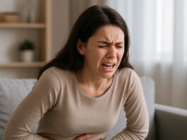 A woman in her 20s going through severe peptic ulcer pain.