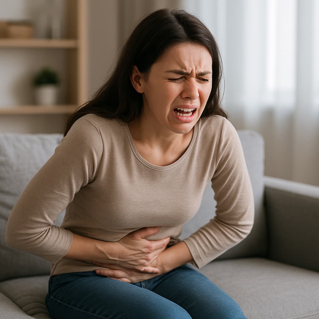 A woman in her 20s going through severe peptic ulcer pain.