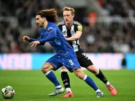 Chelsea defender Marc Cucurella (left) in action during the Blues' 2-0 loss to Newcastle at the St. James Park.