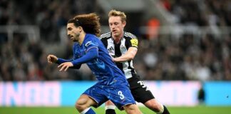 Premier League chaos: Champions League dreams hang by a thread as final fixtures beckon Chelsea defender Marc Cucurella (left) in action during the Blues' 2-0 loss to Newcastle at the St. James Park.
