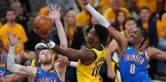 Haliburton and Mathurin shine as Pacers overcome Thunder to seize NBA Finals lead The Indiana Pacers currently lead the 2025 NBA Finals series 2-1 against the Oklahoma City Thunder.
