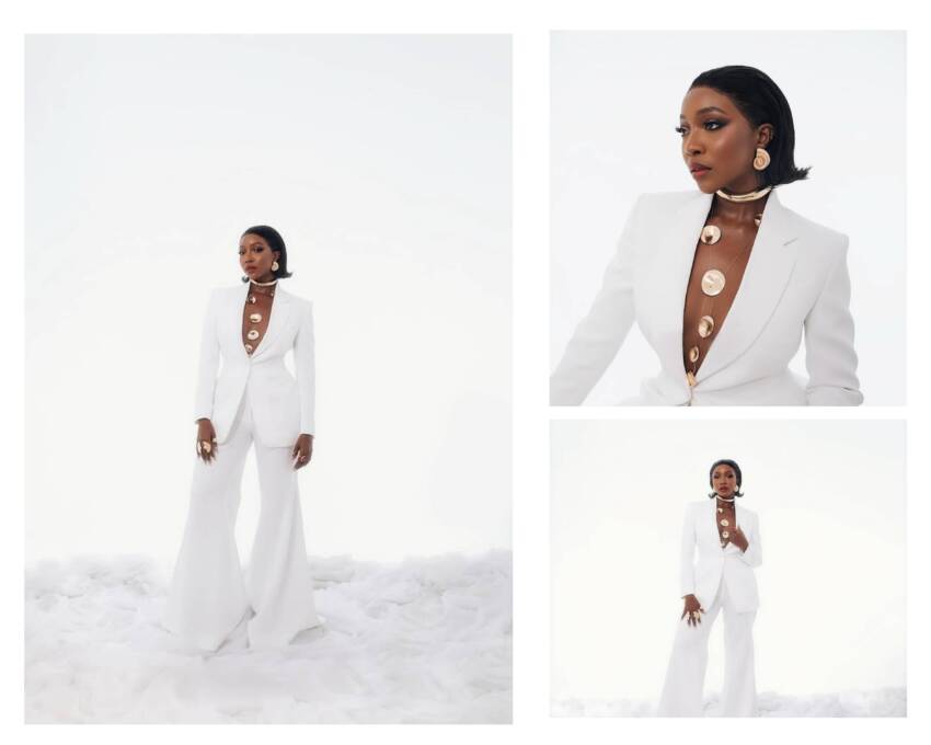 Ini Dima Okojie in all white suit look
