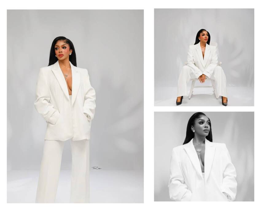 Chioma Goodhair in an all-white suit look