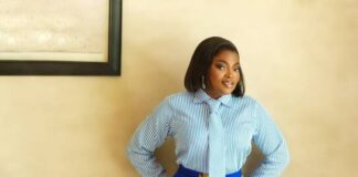 Check out Funke Akindele’s daring Aso-Oke ensemble Funke Akindele in an aso-oke skirt and striped shirt