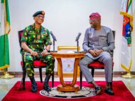 Director General, National Youth Service Corps, Brigadier General Olakunle Nafiu, and Lagos State Governor, Babajide Sanwo-Olu, during the DG's courtesy visit at the Lagos State Government house in Lagos, on Friday. Credit: NYSC
