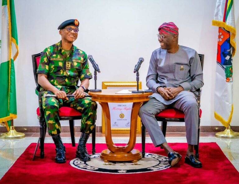 NYSC-768x593 Director General, National Youth Service Corps, Brigadier General Olakunle Nafiu, and Lagos State Governor, Babajide Sanwo-Olu, during the DG's courtesy visit at the Lagos State Government house in Lagos, on Friday. Credit: NYSC