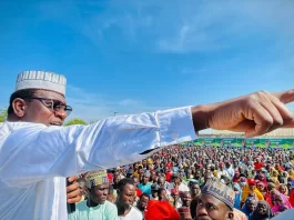Hon. Abdulmumin Jibrin addressing his supporters at the rally in Kowa, Kano State. Photo: Facebook/Abdulmumin Jibrin
