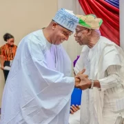 Former Senate President Bukola Saraki with ex-President Olusegun Obasanjo. Credit: X| bukolasaraki