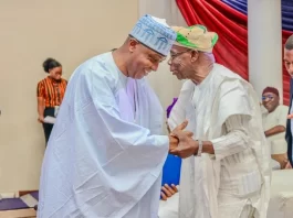 Former Senate President Bukola Saraki with ex-President Olusegun Obasanjo. Credit: X| bukolasaraki