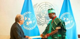 Jimoh Ibrahim takes office as Nigeria’s permanent representative to UN Jimoh Ibrahim and António Guterres