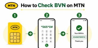 How to Check Your BVN on MTN (2026): The Short USSD Steps That Work Three-step guide showing how to check BVN on MTN: use registered MTN SIM, dial *565*0#, and your 11-digit BVN appears on screen.