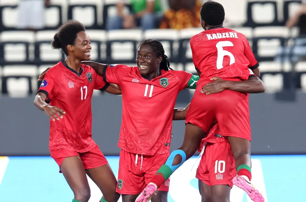 tabitha chawinga of malawi celebrates goal with teammates during the 2026 womens africa cup of nations match between nigeria and malawi