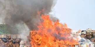 NDLEA destroys N301bn cocaine, cannabis, heroin, others in Lagos Illicit drugs being destroyed by fire. Credit: NDLEA.